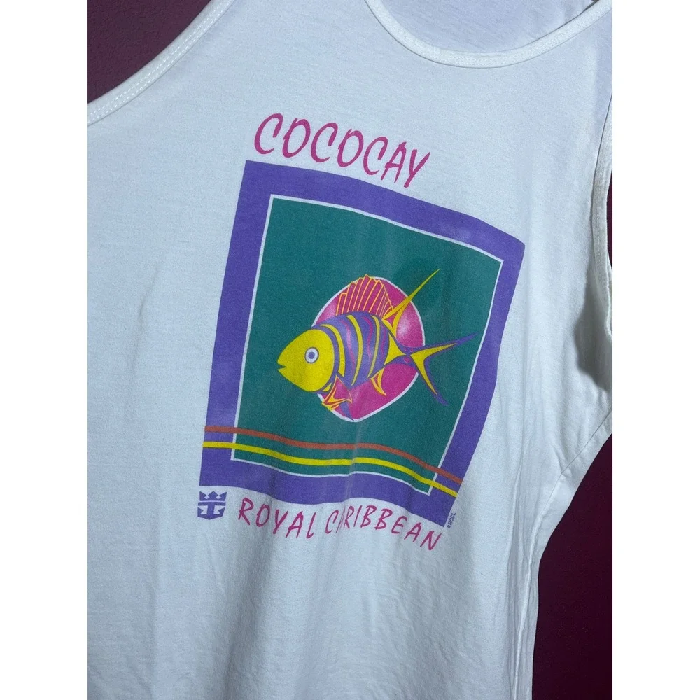 Vintage Royal Caribbean Cococay Tank Top White Cotton Tropical Fish Graphic